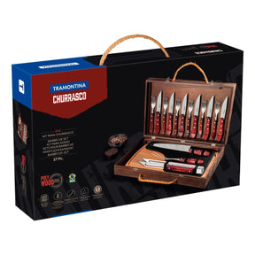 Kit para Churrasco Tramontina com Talheres Jumbo em Aço Inox Cabo Vermelho Polywood com Tábua e Estojo de Madeira 17 Peças